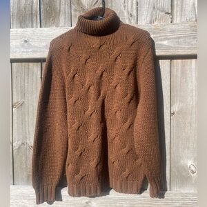 Vintage Drummond Brown Virgin Wool Cable Knit Turtleneck Sweater Size M